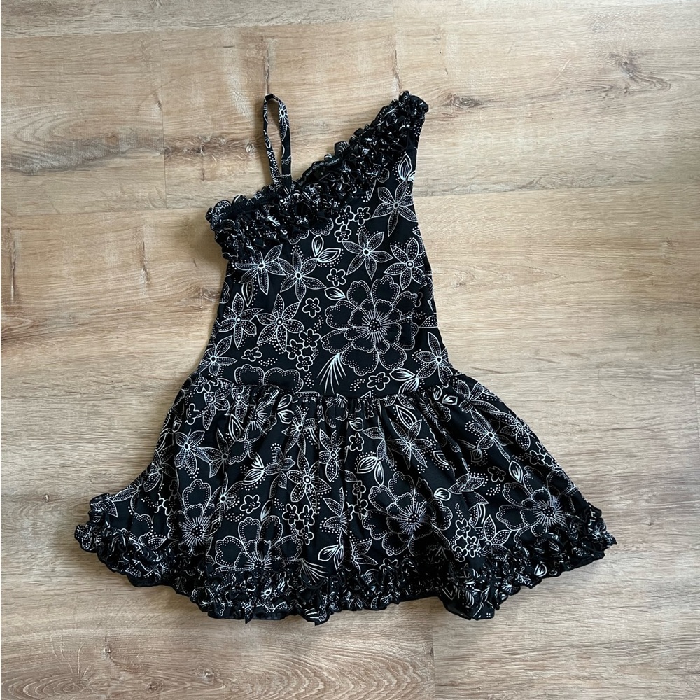 Black Floral Ruffle One-Shoulder Kids Dress